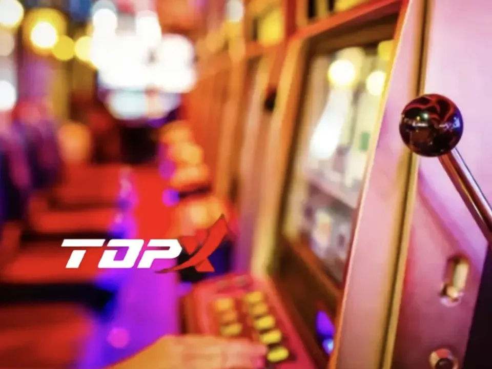 Máquinas de slot em fileira com luzes coloridas, ilustração da reportagem sobre o suporte da TopX